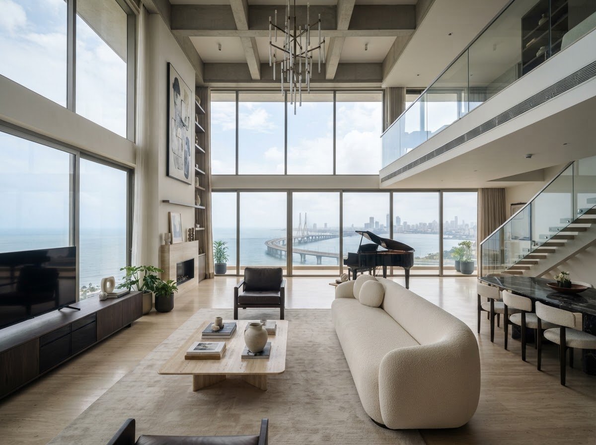 Double-height living room of The Camellias penthouse, a grand piano and a wall of glass