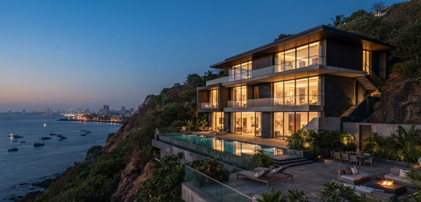 Malabar Hill villa at dusk, terraces and a pool on the hillside above the bay