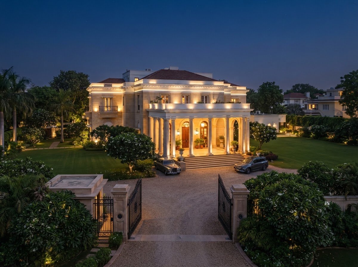 Prithviraj Bungalow at dusk, a lit white colonnade behind gates and a long drive